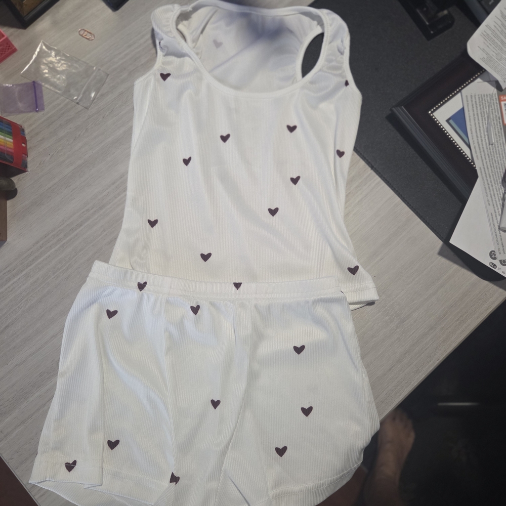 White Heart-Print Sleep Tank & Shorts Set